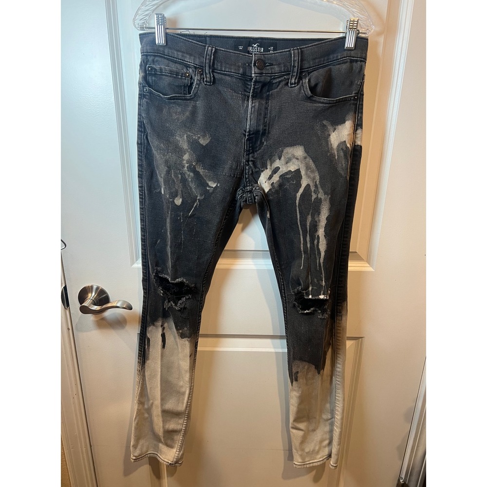 Hollister Mens Skinny Jeans Bleach Splatter Distressed Black 32x32